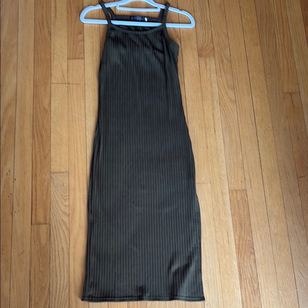 Slim Ribbed Olive Midi Slip Dress with Spaghetti Straps